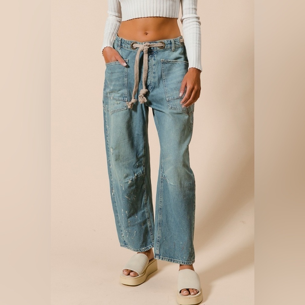 NWT BRAIDED WAIST BELT DRIP PAINTING DETAIL WASHED DENIM PANTS BARREL JEANS - Picture 2 of 14